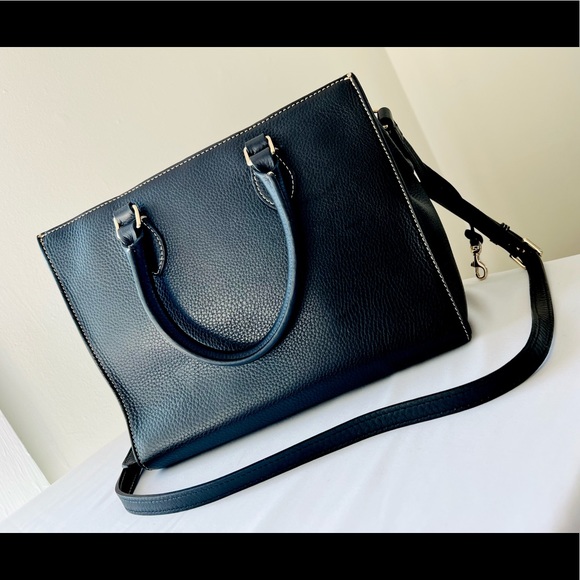 Dooney & Bourke Black Pebble Grain Leather Satchel Signature Design Canvas Lined - Picture 2 of 12